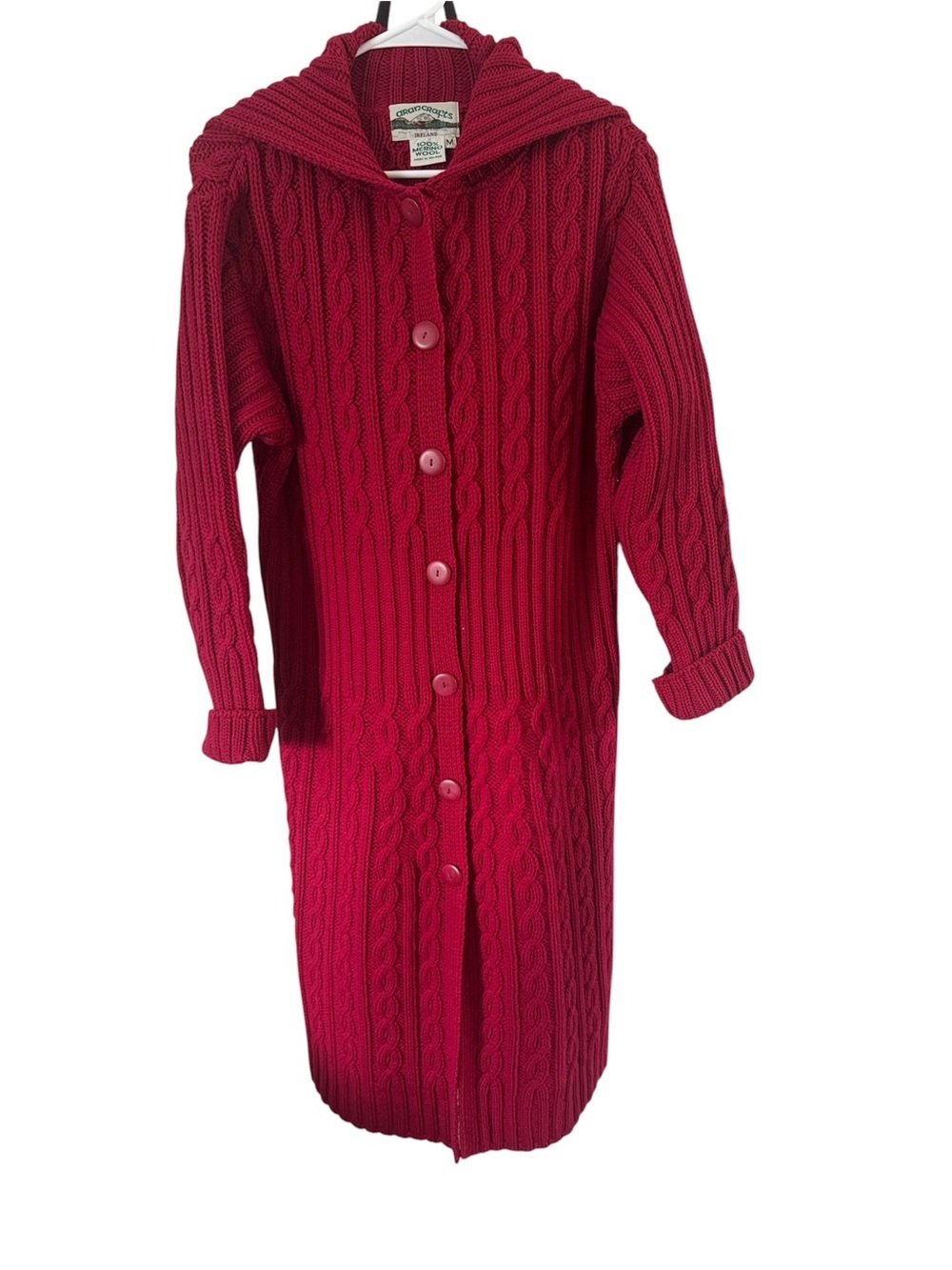 Aran Crafts Ireland Long Cable Knit Merino Wool Button Front Cardigan Red size M